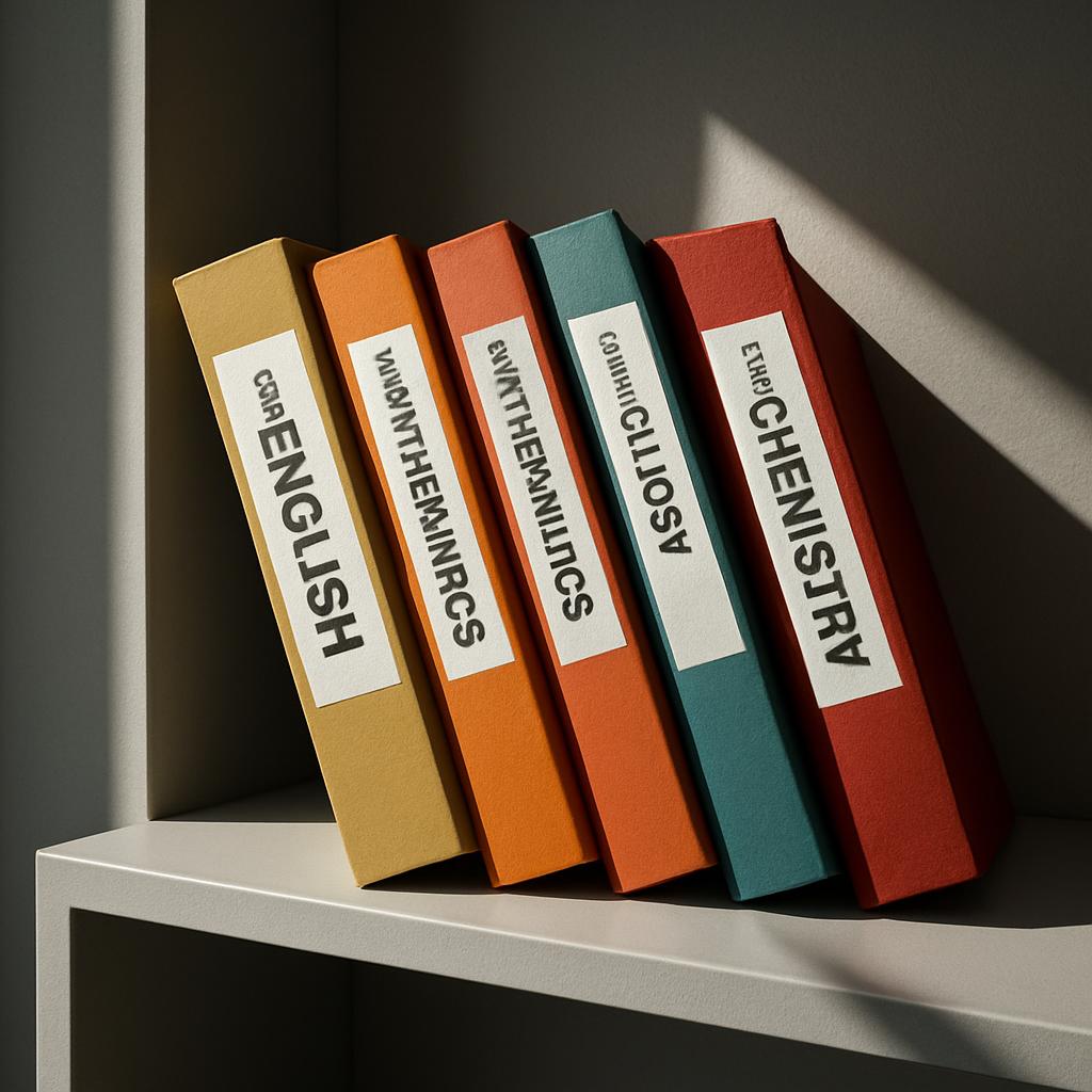 A photograph of four colorful books with white labels on their spines, arranged vertically and leaning to the right next t...