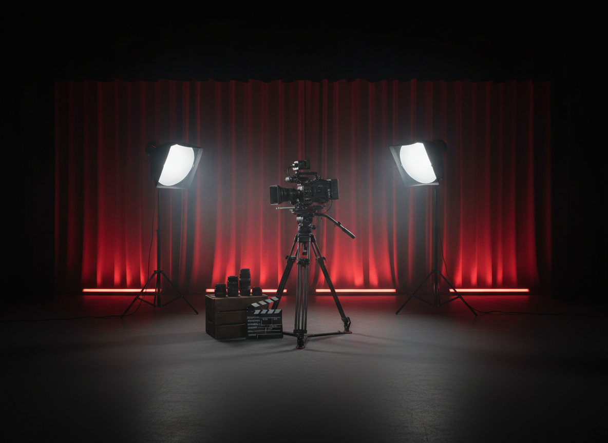 A sophisticated cinematic backdrop for a performing arts training website: professional film camera on a tripod, studio lighting, clapperboard, lens and subtle stage curtains in a dramatic creative studio. Deep charcoal and black tones with rich theatrical red accent lighting, atmospheric but uncluttered, premium editorial photography, wide landscape composition, with darker negative space behind white headline text. No words, no logos, no people.